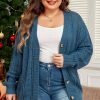 Real Teal Open Knit V Neck Button Front Drop Shoulder Plus Size Cardigan