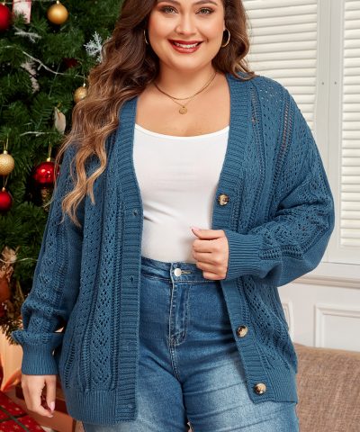 Real Teal Open Knit V Neck Button Front Drop Shoulder Plus Size Cardigan