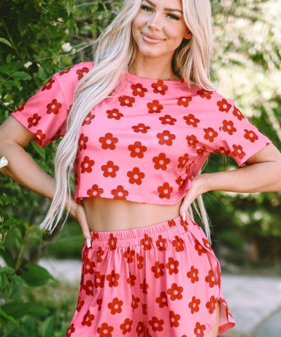 Rose Floral Print Crop Tee and Shorts Lounge Set