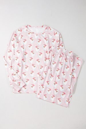 Pink Santa Claus Striped Print Loose Fit Two Piece Lounge Set - Image 4