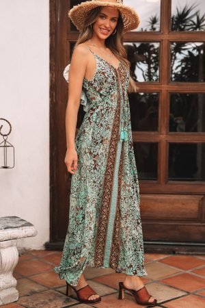 Alternative view of Green Floral Print V Neck Ruffled Trim Backless Tassel Waist Maxi Dress