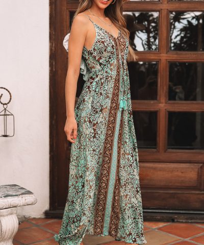 Green Floral Print V Neck Ruffled Trim Backless Tassel Waist Maxi Dress