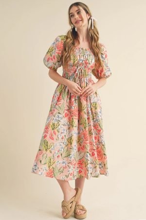 Apricot Pink Floral Smocked Bust Bubble Short Sleeve Maxi Dress - Image 4