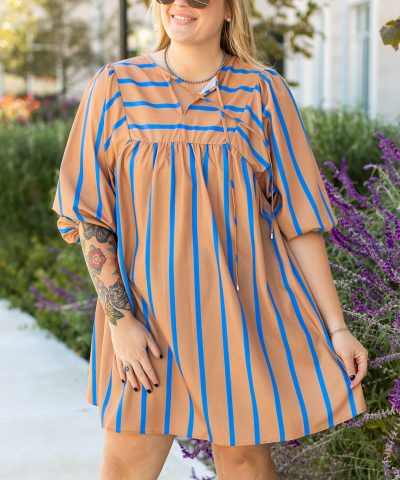 Khaki Stripe Contrast Striped Print 3/4 Sleeve Babydoll Plus Size Dress