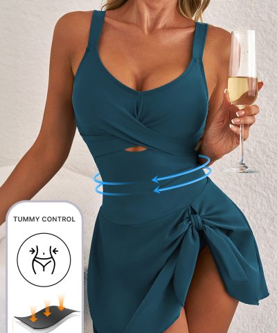 Sea Green Adjustable Straps Cutout Ruched Knot Slit One Piece Swim Dress