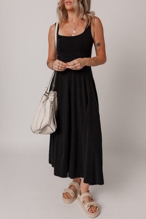 Black Sleeveless Scoop Neck Flared Split Midi Dress - Image 4