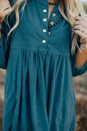 Blue Corduroy Snap Buttons Empire Waist Bracelet Sleeve Dress - Image 7