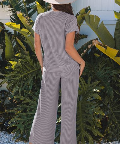 Wild Wind Solid Corded Knit Short Sleeve T Shirt and Wide Leg Pants Set