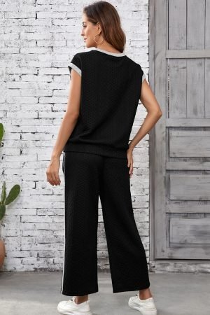 Alternative view of Black Cable Knit Contrast Trim Short Sleeve Top and Pants Set