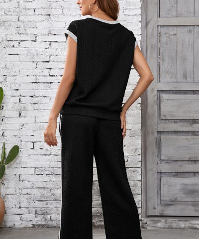Black Cable Knit Contrast Trim Short Sleeve Top and Pants Set