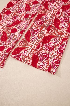 Red Paisley Printed Buttoned High Waist Straight Leg Pants - Image 8