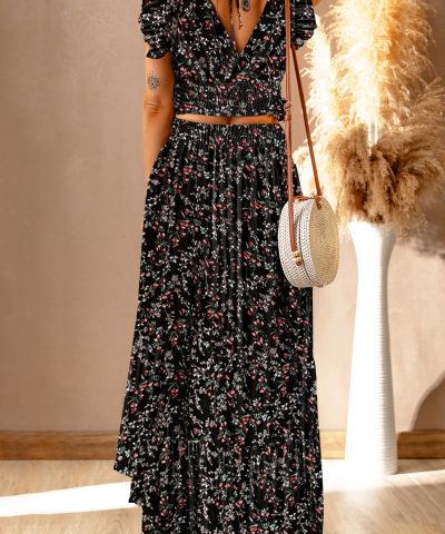 Black Multicolor Floral Ruffled Crop Top and Maxi Skirt Set