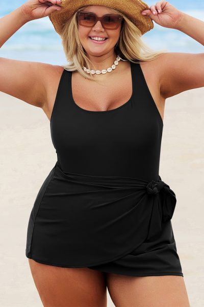 Black Solid Color Square Neck Knotted Plus Size One Piece Swimsuit