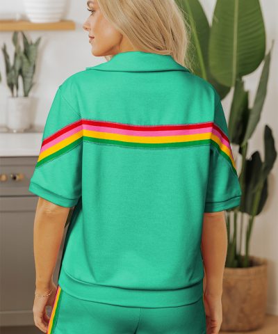 Sea Green Rainbow Colorblock Collared Short Sleeve Top 2 Piece Shorts Set