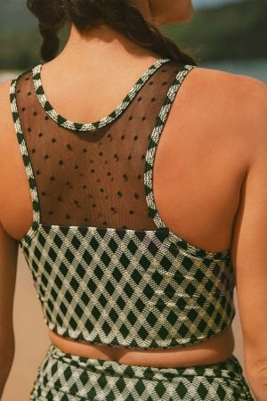 Green Dotted Mesh Plaid Patchwork High Waisted Bikini - Image 6