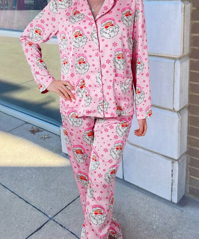 Pink Santa Claus Snowflake Long Sleeve Shirt Christmas Pajama Set