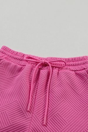 Strawberry Pink 2pcs Solid Textured Drawstring Shorts Set - Image 7