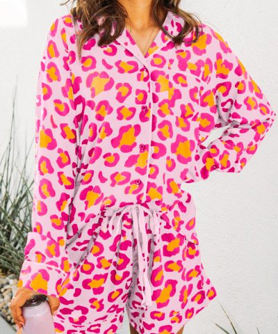Pink Leopard Print Long Sleeve Shirt and Shorts Pajama Set