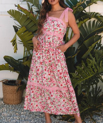 Pink Floral Lace Tied Strap Empire Waist Maxi Dress