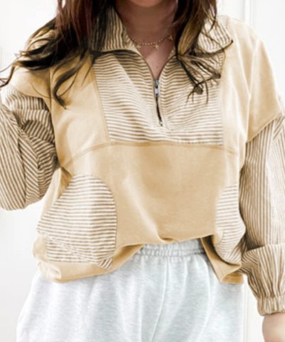 Khaki Stripe Mix Half Zip French Terry Plus Size Sweatshirt