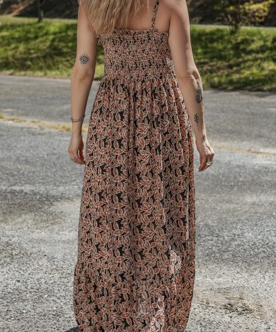 Brown Floral Smocked Bodice High Waist Flowy Sun Dress