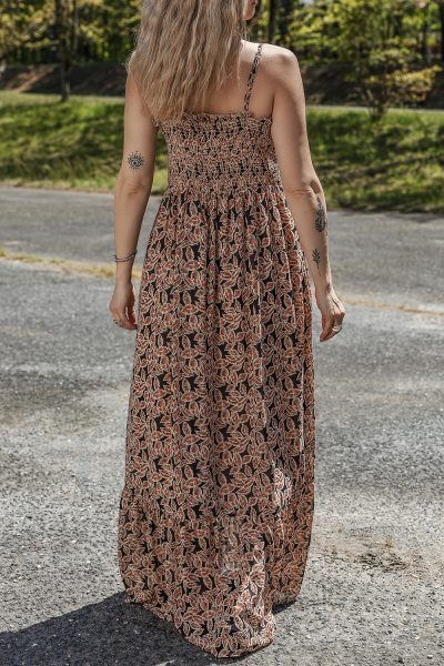 Brown Floral Smocked Bodice High Waist Flowy Sun Dress