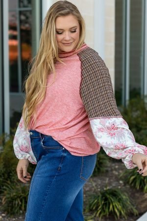 Pink Checkered Paisley Patchwork Raglan Sleeve Seamed Plus Size Top - Image 4