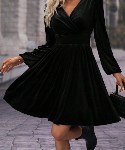 Black Velvet Long Sleeve Surplice High Waist Mini Dress