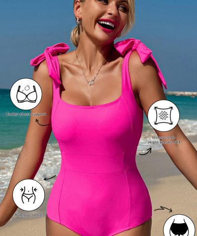 Rose Red Square Neck Knotted Shoulder Open Back One Piece Swimsuit