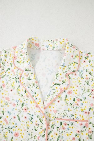 White Floral Print Contrast Pipping Short Pajamas Set - Image 4