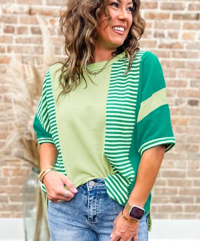 Green Stripe Patchwork Colorblock Plus Size T Shirt