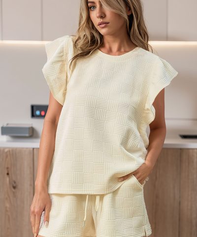 Apricot Textured Ruffled Sleeve Tee and Drawstring Shorts Set