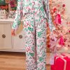 Pink Christmas Berries Plant Print Satin Long Sleeve Pajama Set