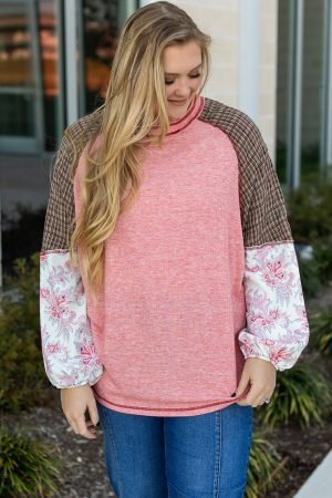 Pink Checkered Paisley Patchwork Raglan Sleeve Seamed Plus Size Top - Image 5
