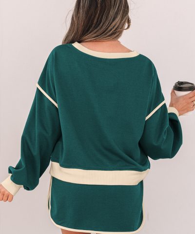 Evergreen Color Contrast Loose Pullover and Lace-up Waist Skort Set