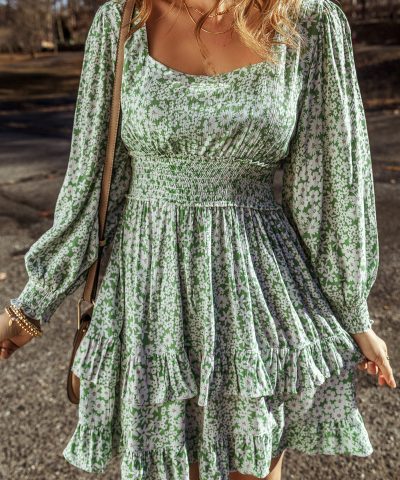 Green Floral Print Square Neck Shirred Waist Tiered Ruffled Mini Dress