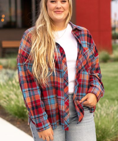 Red Plus Size Plaid Print Buttoned Shirt