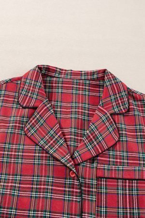 Red Plaid Printed Shirt and Pants Plus Size Lounge Set - Image 8