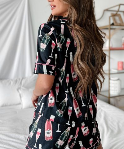 Black Champagne Print Silky Short Sleeve Pajamas Set