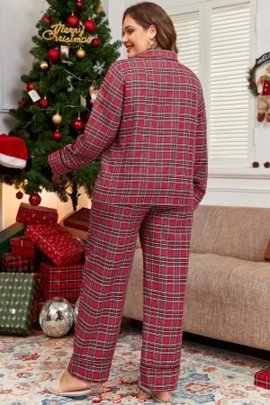 Red Plaid Printed Shirt and Pants Plus Size Lounge Set - Image 3