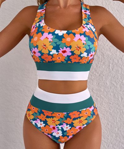 Green Floral Print Racerback Cutout High Waist 2pcs Bikini