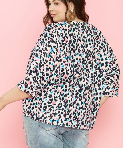 Brown Leopard Print V Neck Batwing Sleeve Plus Size Top