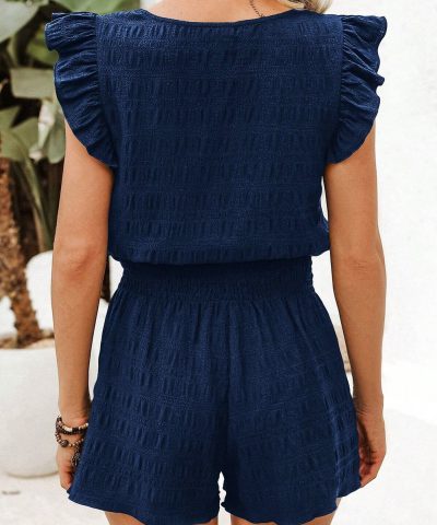 Dirty blue Textured Square Neck Top and Shirred High Waist Shorts Set