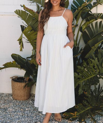 Beige Stripe Spaghetti Strap Pocketed High Waist Maxi Dress