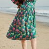Green Horse Printed Long Sleeve Collared Buttoned Plus Size Midi Dress