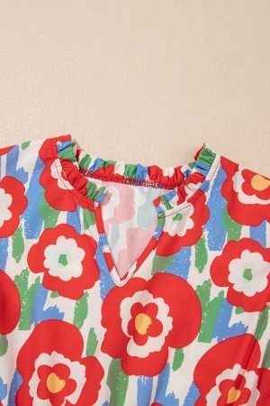 Red Plus Size Floral Print Ruffle Trim Split Neck Peplum Top - Image 6