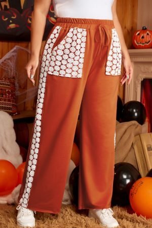 Gold Flame Plus Size Floral Crochet Patch Drawstring Wide Leg Pants - Image 4