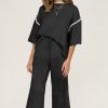 Black Contrast Trim Half Sleeve Top Drawstring Pants Loose 2pcs Sweater Suit