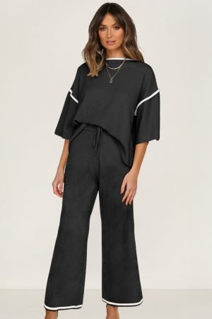 Black Contrast Trim Half Sleeve Top Drawstring Pants Loose 2pcs Sweater Suit