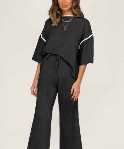 Black Contrast Trim Half Sleeve Top Drawstring Pants Loose 2pcs Sweater Suit